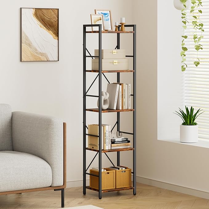 Dunatou 5-Tier Bookshelf, Tall Bookcase with 5 Open Shelves, Metal and Wood Office Book Shelf Bookcase, Standing Storage Organizer Shelf for Bedroom Living Room, Rustic Brown