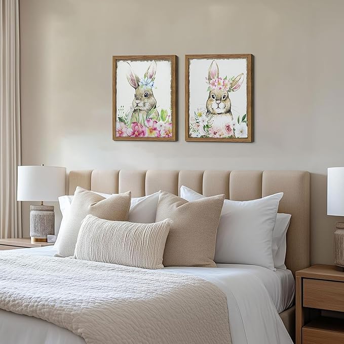 Framed Vintage Easter Wall Art Decor, Easter Bunny Picture Wall Decorations Set of 2, Spring Rustic Rabbit Poster Prints Painting for Kids Room Living Room Bedroom 16x24 Inch