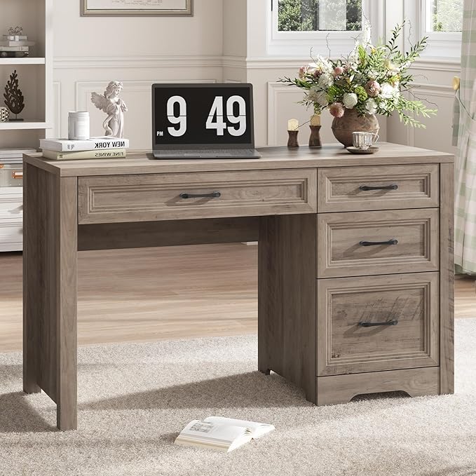 Vabches Farmhouse Executive Desk with Drawers, Home Office Desk with File Drawer, Wood Computer Desk with Ample Storage, Rustic Office Desk with Spacious Tabletop for Work, Grey