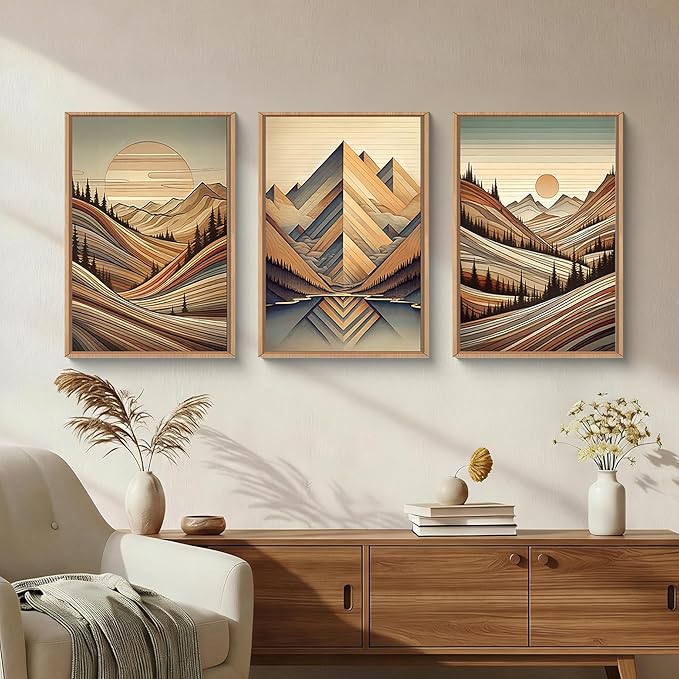 Aryroi Vintage Woodcut Style Mountain Framed Canvas Wall Art Set,Mid Century Nature Woodland Pine Tree Wall Decor,Modern Boho Brown Sunrise Forest Artwork for Living Room,Bedroom,Office-24 x36 x3