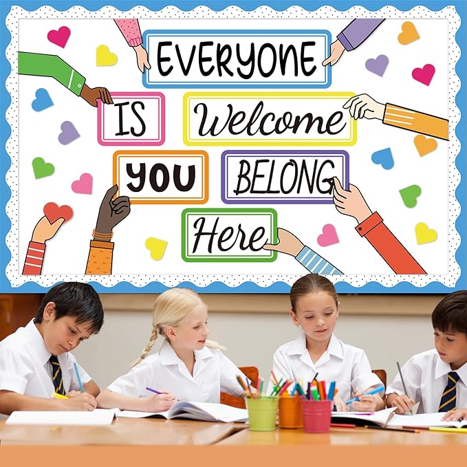 51PCS Everyone is Welcome Bulletin Board You Belong Here Classroom Bulletin Board Decorations Motivational Heart Hand Paper Cutouts for School Classroom Office Home Chalkboard Decor Wall Door Supplies