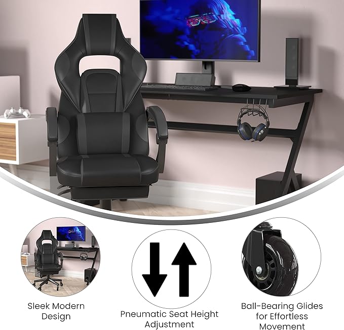 Flash Furniture X40 Gaming Chair Racing Computer Chair with Fully Reclining Back/Arms and Transparent Roller Wheels, Slide-Out Footrest, - Black/Gray