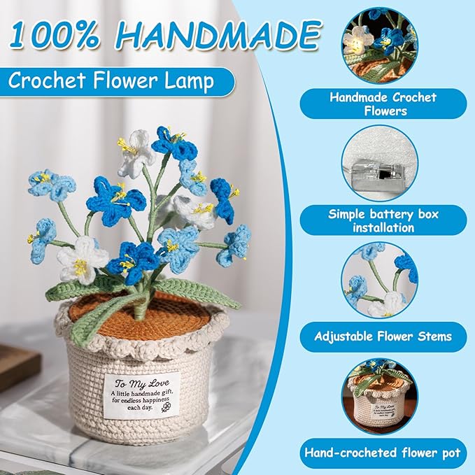 Forget Me Not Flower Lamp - Blue Crochet Artificial Flowers with Night Light, Cordless Table Lamp, Cozy Home Decor Crochet Gifts