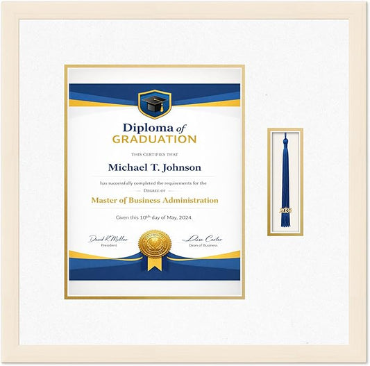 Diploma Frame with Tassel Holder Coastal Whitewash Shadowbox Oyster Shell Over Gold Mat - Fits 10 x 13 Degree Made in the USA