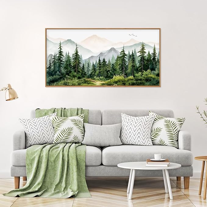 Green Forest Tree Mountain Range Framed Canvas Wall Art, Watercolor Nature Wall Decor, Woodland Nursery Wall Painting, Modern Wilderness Art Print for Living Room, Bedroom, Office 40"x20"