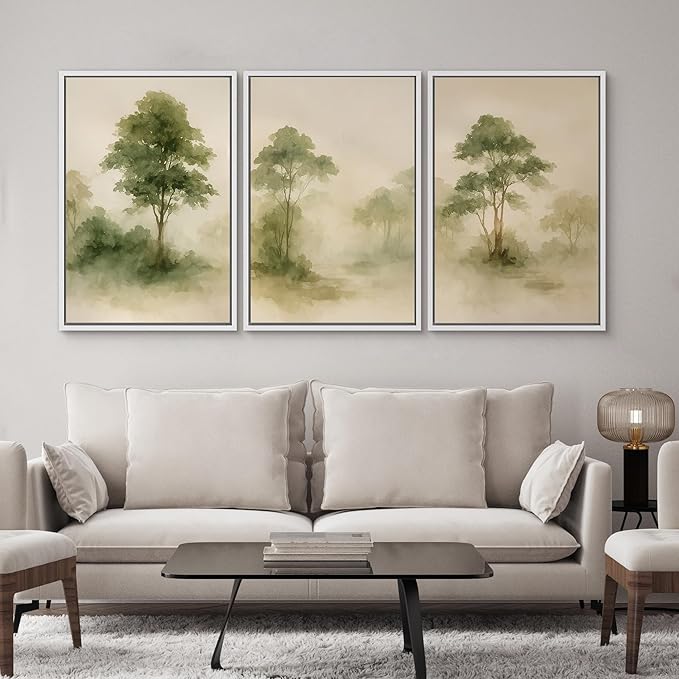 SIGNWIN Framed Canvas Print Wall Art Set Forest Trees Green Nature Landscape Illustrations Modern Art Decorative Nordic Abstract for Living Room, Bedroom, Office - 24"x36"x3 White