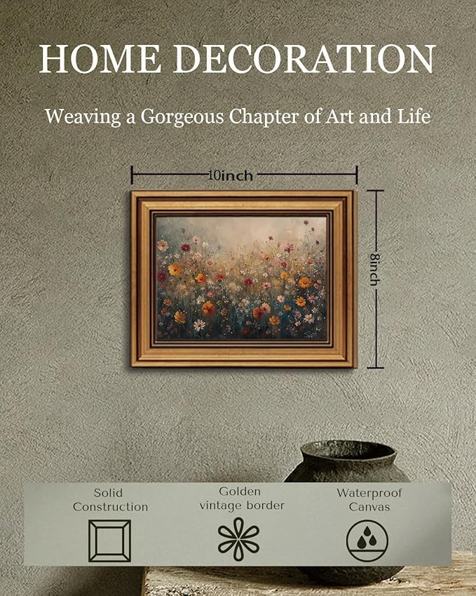 Gold Framed Wall Art Vintage Flower Canvas Wall Art Nature Landscape Flower Wildflower Artwork Prints Picture for Living Room Bedroom Farmhouse Bathroom Office Decor, 8x10