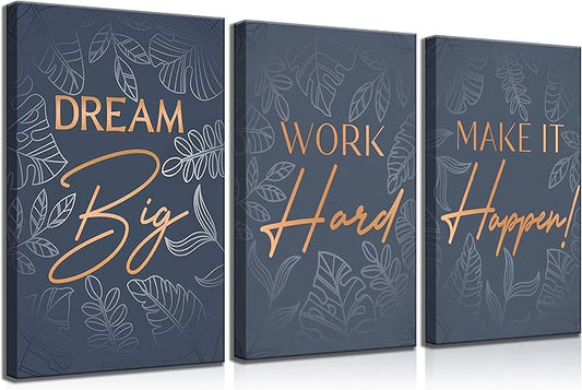3Pcs Blue Gold Inspirational Office Canvas Wall Art Inspiring Motivational Positive Quote Botanical Paintings Pictures Wall Decor Posters Print Artwork for School Bedroom Living Room Home Decoration