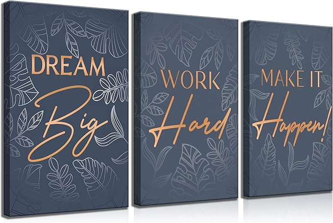 3Pcs Blue Gold Inspirational Office Canvas Wall Art Inspiring Motivational Positive Quote Botanical Paintings Pictures Wall Decor Posters Print Artwork for School Bedroom Living Room Home Decoration