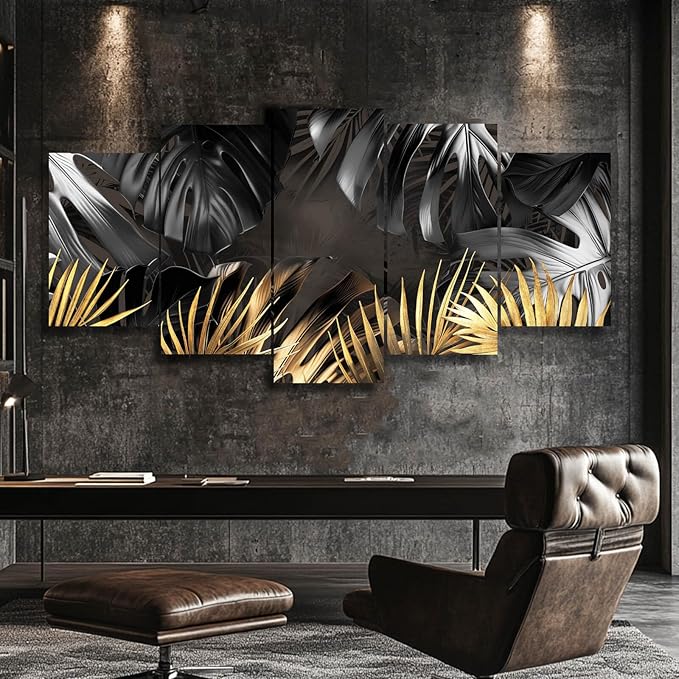 Black and Gold Leaves Painting Wall Decor for Living Room Nature Canvas Art Modern Artwork Framed Prints for Home Bedroom Picture Poster 5 Pieces Ready to Hang (12"x20"x2pcs+12"x28"x2pcs+12"x32")
