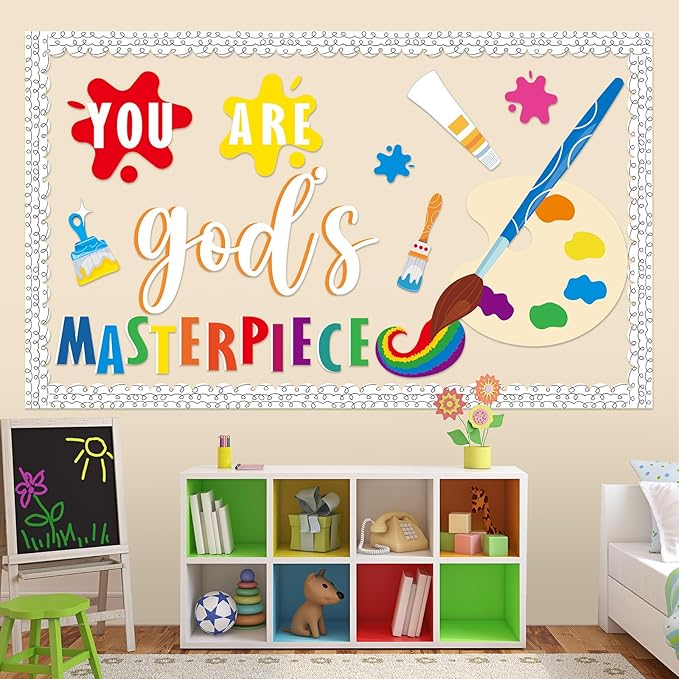Art Paint Religious Bulletin Board Set You Are God's Masterpiece Christian Jesus Classroom Decorations Colorful Paint Splatter Wall Decor Motivational Cutouts for Sunday School Back to School Decor