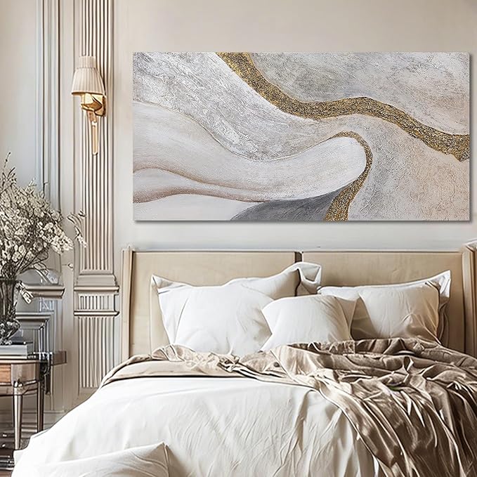 ZUNARE Modern White and Gold Abstract Canvas Wall Art Textured Posters Picture Flowing Line Design Minimalist Artwork for Living Room Bedroom Office Neutral Wall Decor 24x48 Inch