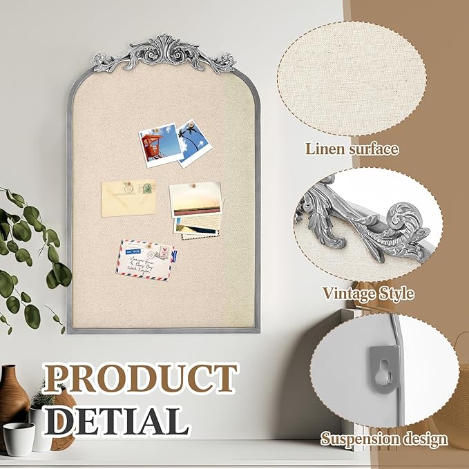 Vintage Framed Pin Board Linen Display Bulletin Board Large Cork Fabric Picture Photo Pinboard Memo Ornate Decorative Pinboard Ornate for Wall Gift(Arch,19" X 31",Silver)