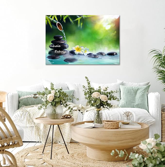 YIOZHAOFH Spa Canvas Print Art Nature Zen Painting Relaxing Bathroom Wall Art Decor White Lotus Pictures Framed Artwork Inhale Exhale Poster Office Decor for Spa Room Bedroom (28L x 44W)