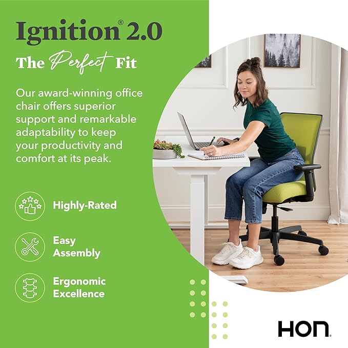 HON Ignition 2.0 Low Back Task Chair, Spectrum Mesh, Standard Synchro-Tilt Control, Office Chair with Lumbar Support, Height and Width Adjustable Arms, Black Frame, Pear