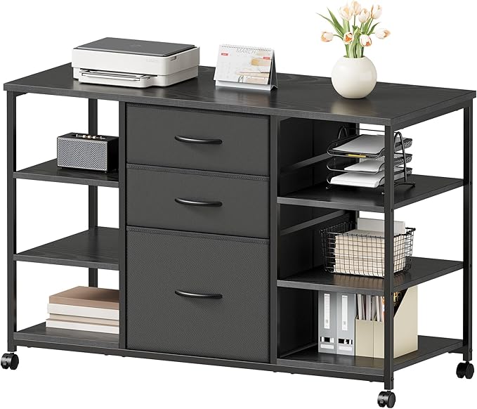 Mobile File Cabinet,Lateral Filing Cabinet with 3 Fabric Drawers,Rolling Printer Stand with 4 Open Storage Shelf for Home Office,Black
