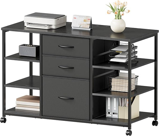 Mobile File Cabinet,Lateral Filing Cabinet with 3 Fabric Drawers,Rolling Printer Stand with 4 Open Storage Shelf for Home Office,Black