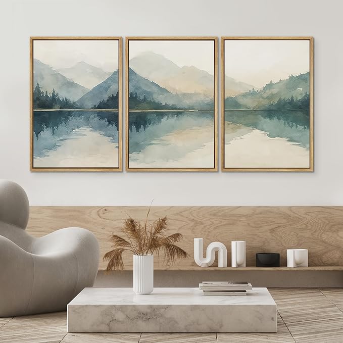 SIGNWIN Framed Canvas Print Wall Art Set Calm Lake Reflection Watercolor Mountain and Water Illustrations Modern Art Decorative Abstract for Living Room, Bedroom, Office - 16"x24"x3 Natural