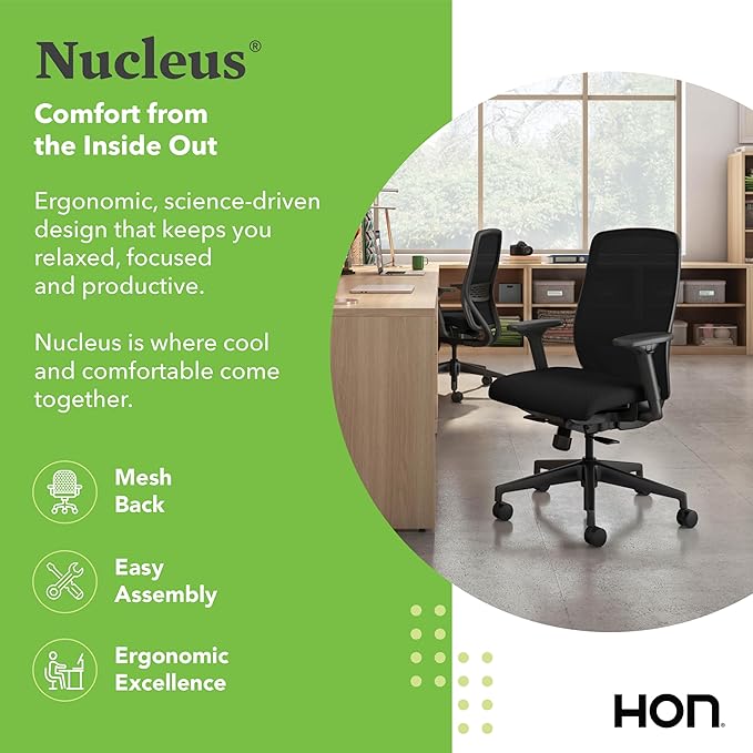 HON Nucleus Task Chair, Standard Synchro-Tilt Control, Office Chair with Lumbar Support, Height and Width Adjustable Arms, Black Frame, Black