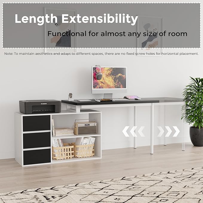 L Shape Small Desk - Computer Corner Desk with 3 Drawers and 2 Shelves, 53 inch Home Office Table with Storage Cabinet for Gaming Writing Study, White+Black