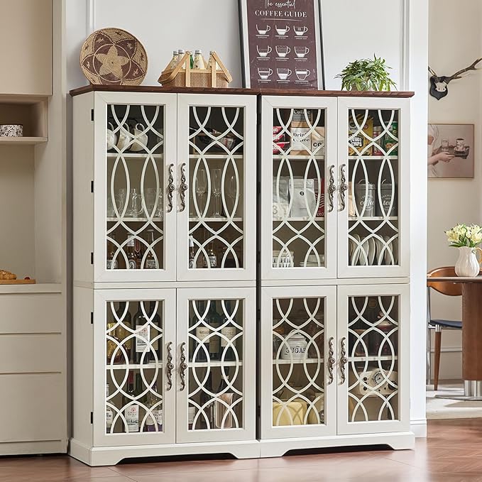 67" Tall Bookshelf, Vintage Book Shelf with Glass Doors, 5-Tier Wood Bookcase with Adjustable Storage Shelves, Freestanding Rustic Curio Display Cabinet for Living Room, Office, White，2PCS