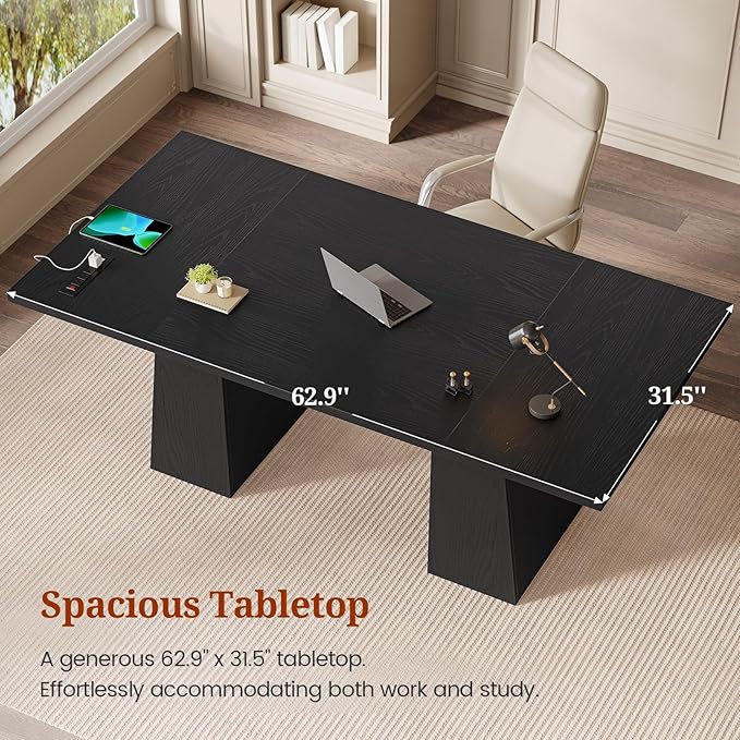 63 in Executive Desk with Power Outlets, Modern Home Office Desk with Storage Cabinet, Wood Computer Desk Business Workstation Desk Conference Table Black
