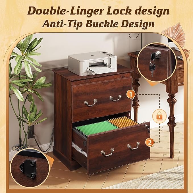 DEVAISE 2 Drawer File Cabinet,Lateral Vintage Farmhouse Wood Filing Cabinet with Lock & Charging Station for Letter/Legal/A4 Size, Brown Oak