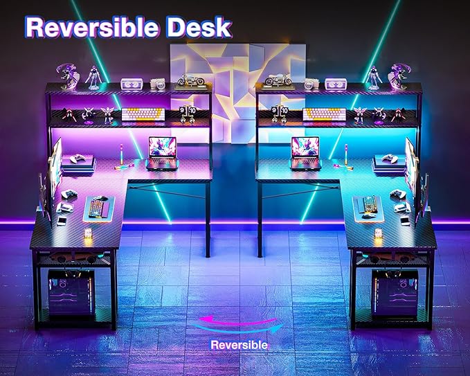 ODK 61" L Shaped Gaming Desk with Hutch & Headphone Hook, Corner Computer Table with Storage Shelves for Home Office, Black