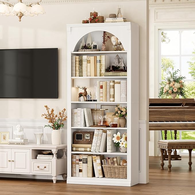 FACBOTALL 73" Tall Arched Bookcase and Bookshelf, Farmhouse Book Shelf with 6 Tiers Open Shelves, Arched Cabinet for Media CD DVD Storage, Wooden Tall Bookcase for Living Room, Home Office, White