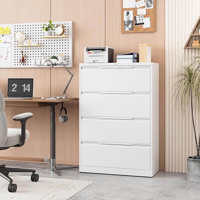 4-Drawer Metal File Cabinet with Lock,Steel Printer Stand with Storage for Home Office,Lateral Filing Cabinet for Legal/Letter/A4 Files,Assembly Required(35.43''W-4 Drawers,White)