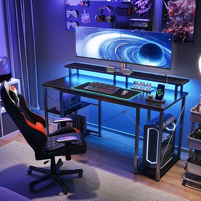 ODK 48 inch Computer Desk with Power Outlets & LED Lights, Gaming Desk with Monitor Stand & Storage Sheves, Home Office Desk, Carbon Fiber Black