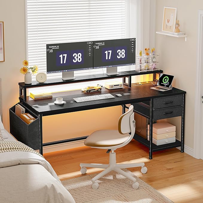 55" Computer Desk with Drawers & Storage Bag, Gaming Desk with Power Outlets and LED Lights, Office Desk with Monitor Stand for Bedroom Gaming Room, Study Work Home Office, Black