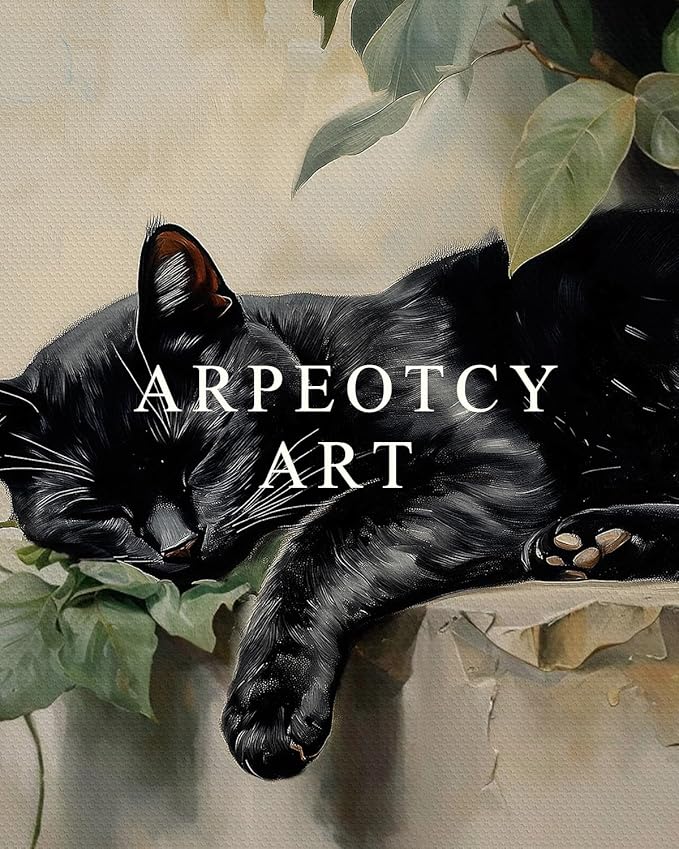 ARPEOTCY Vintage Framed Canvas Wall Art, Sleeping Black Cat Large Framed Wall Art for Living Room Bedroom, Vintage Rustic Animal Poster Prints for Bathroom Decor Aesthetic, 16x24 Inch