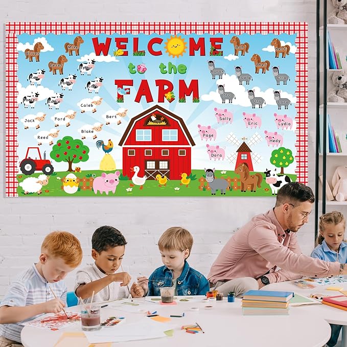 gisgfim Farm Animals Bulletin Board Decorations with Background Welcome to The Farm Paper Cutouts Barnyard Farm Back to School Bulletin Board Set for School Classroom Chalkboard Wall Decor Supplies