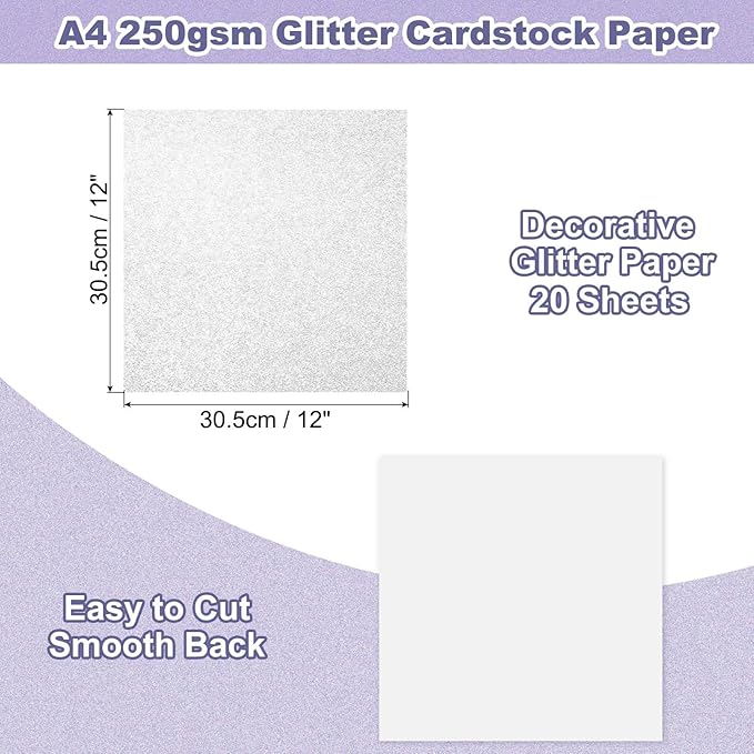 PATIKIL 20Sheets Silver Glitter Cardstock, 12x12In Glitter Paper Card Stock Shiny Scrapbook 250gsm Sparkly Paper Large Shimmer for Crafts Scrapbook DIY Art Wedding Party