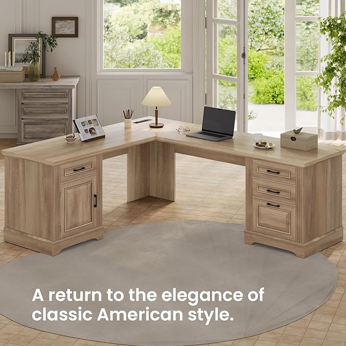Itaar Farmhouse L Shaped Desk, Executive Computer Desk with Drawers and Storage Cabinet, Home Office Desk with File Drawer and Power Outlet, Corner Desk, Workstation for Office Home, Oak