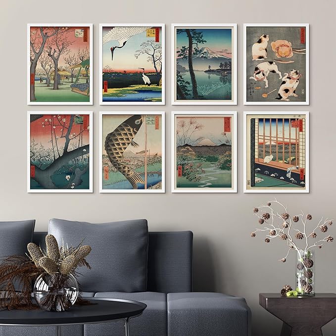 SIGNWIN Framed Poster Wall Art Set of Koinobori The Carp Fish, Plum Park Landscape with 2 Cranes from One Hundred, Plum Blossom in Garden for Living Room, Bedroom, Office - 12"x16"x 8 White