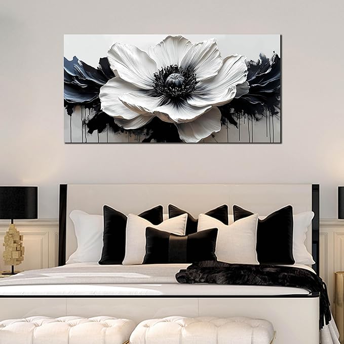 Black and White Flower Wall Art for Bedroom - Large Canvas Wall Art Living Room - Floral Wall Decor for Teen Girls Size 29" x 59"