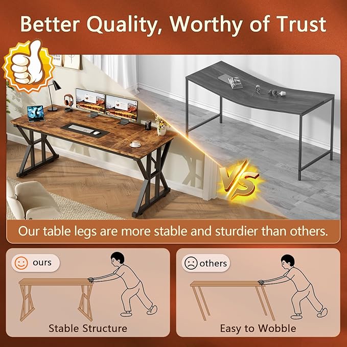 TVU Computer Desk, 55 inch Large Office Desk, Study Writing Table with Thicken Frame, Gaming Desk, Modern Simple Desk for Home Office, Rustic Brown