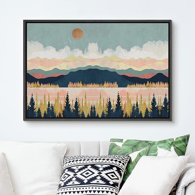 SIGNFORD Framed Canvas Print Wall Art Woodland Nursery Decor Mountain, Forest & Lake Abstract Wilderness Modern Art Rustic Scenic Colorful for Living Room, Bedroom, Office - 16"x24" Black
