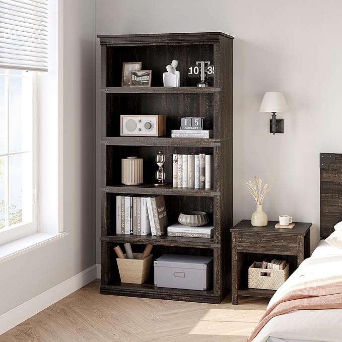 GAOMON 5 Tier Bookcase, Farmhouse Book Shelf with Storage Open Display Bookshelves, 67.4" Tall Book Case Wooden 5 Shelf Bookcase Home Decor Furniture for Home Office, Living Room, Bed Room - Oak