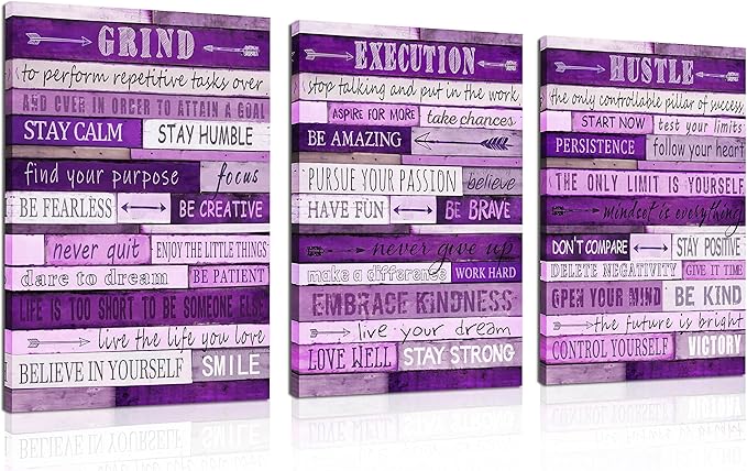 Purple Room Decor for Women - Motivational Inspirational Quotes Wall Art for Office - Large Canvas Wall Art Ready to Hang Size 16" x 24" x 3 Pieces