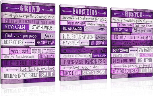 Purple Room Decor for Women - Motivational Inspirational Quotes Wall Art for Office - Large Canvas Wall Art Ready to Hang Size 16" x 24" x 3 Pieces