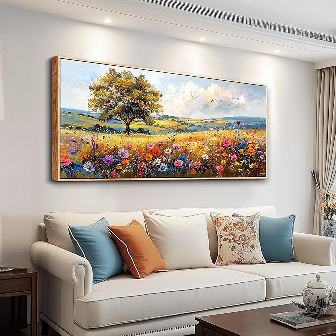 hyidecorart Farmhouse Wall Art For Living Room Pictures For Bedroom Wall Decor Natural Scenery Wall Painting Office Artwork Colorful Flowers And Trees Canvas Prints Hanging Decor Wood Framed 72x32