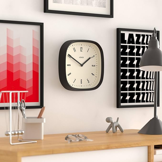 JONES CLOCKS® Marvel wall Clock | Modern Retro Rounded Square Clock | 10 inch | Black | Cool Designer Look for Kitchen, Living Room or Office