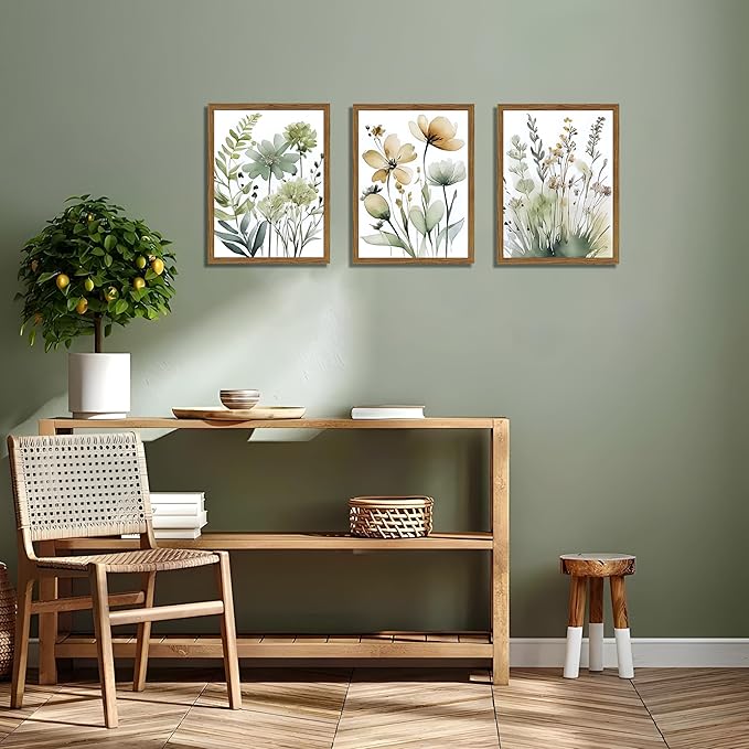 Wood Framed Sage Green Botanical Wall Art Set of 3, Boho Floral Canvas Wall Decor Paintings, Minimalist Flower Posters Prints Pictures for Bedroom Bathroom Living Room Home Decor 12x16 Inch