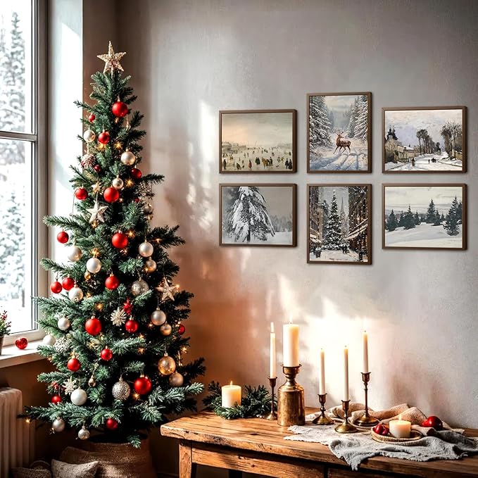 Hwetui Vintage Christmas Canvas Wall Art Poster Set of 6, Winter Tree Reindeer Pictures Wall Decor, Forest Snowy Landscape Paintings Prints Artwork for Home Living Room Bedroom 8×10 inch Unframed
