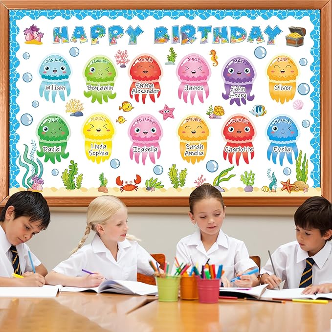 gisgfim Under The Sea Birthday Bulletin Board Decorations Ocean Theme Happy Birthday Classroom Bulletin Board Jellyfish Ocean Creatures Cutouts for School Teacher Student Door Home Wall Decor Supplies