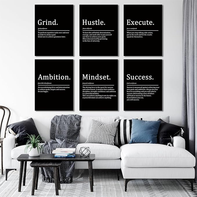 COSCTOR Set of 6 Grind Hustle Execute Ambition Mindset Success Motivational Wall Art Picture Decor Canvas Framed for Office Bedroom Inspirational Home Posters Paintings Ready to Hang(Framed,12x16)