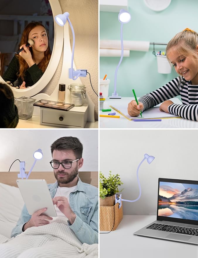 Clip on Lamp USB Reading Light, 3 Color Modes, 10 Brightness Dimmable, Flexible Gooseneck Desk Lamp with Clamp, Eye Care Clip on Light for Bed Headboard Desk Home Dorm